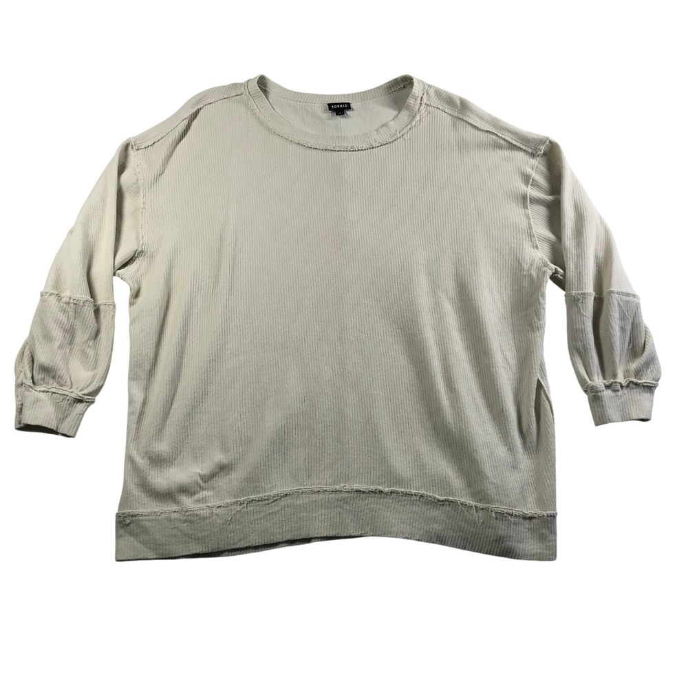 Torrid Beige Cotton Rib Knit Raw Edge Seam Balloon Sleeve Top Plus Size 1